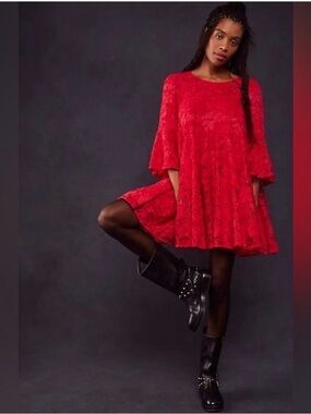Free people Red Lace Swing Dress - Women's Casual Flared Dress